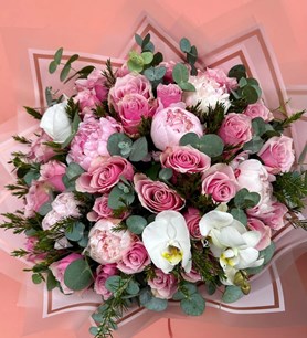 pembe şakayık buketi beyaz orkide buketi pembe gül buketi ş